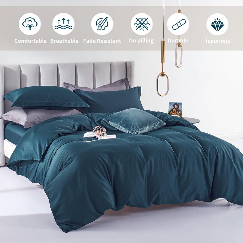 MILDLY Queen Duvet Cover Set Peacock Blue 100% Long-Staple Cotton Sateen Weave Luxury Comfortable Comforter Cover Set with Zipper Closure & Corner Tie (No Comforter) - Image 2
